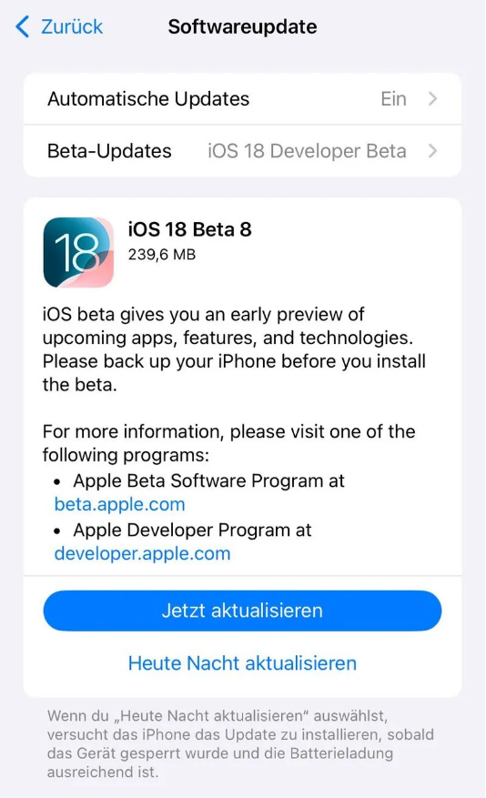 乌审苹果手机维修分享苹果 iOS / iPadOS 18 开发者预览版 Beta 8 发布 